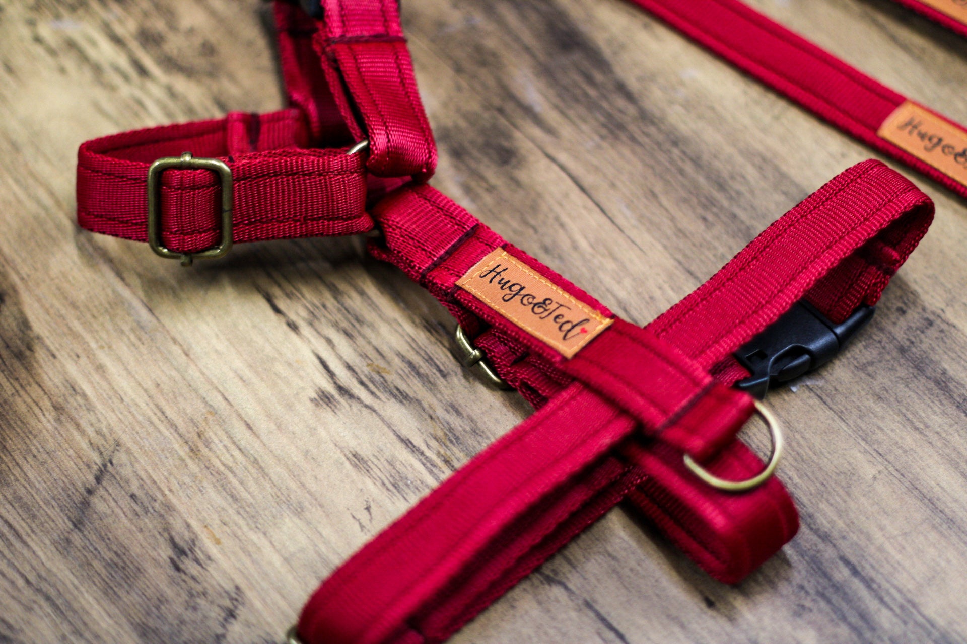 Close up of made to measure strap harness for dogs in colour Burgundy with two clips and three adjusters making them step in and fully adjustable.