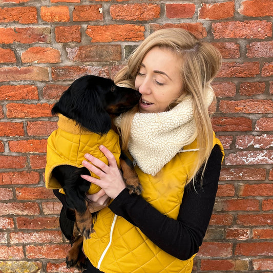 Blonde woman wearing matching mustard gilet with her pet dog.