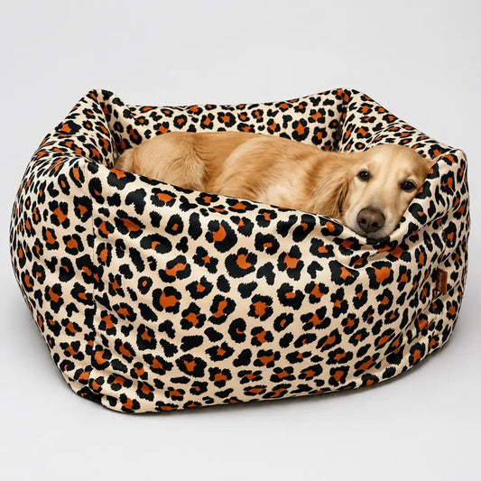 Lenny Leopard Print Rainfleece Waterproof Box Bed - Removable Covers, Machine Washable - Hugo and Ted