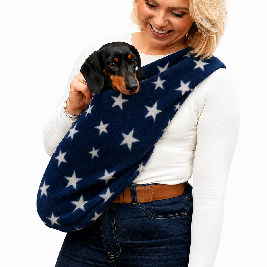 A woman wearing a navy blue pet carrier blanket with white stars, carrying a small black and tan dachshund dog, against a solid white background.
