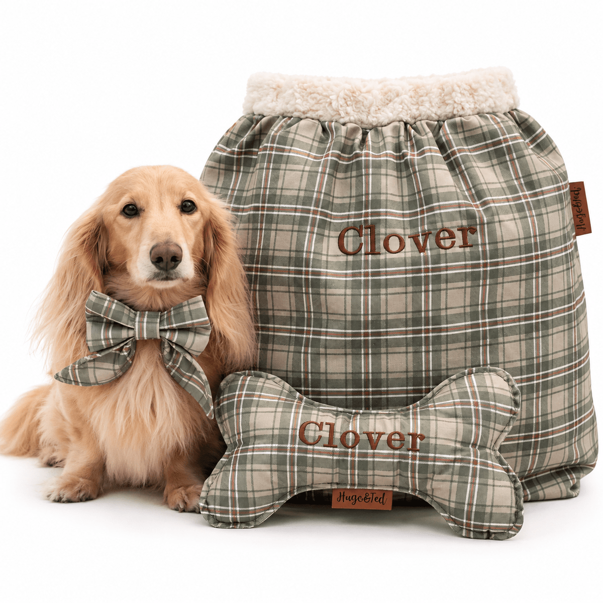Cream dachshund beside a Heritage check present sack and wonky bone embroidered Clover