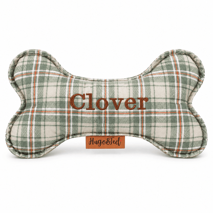 Heritage check wonky bone dog toy embroidered Clover