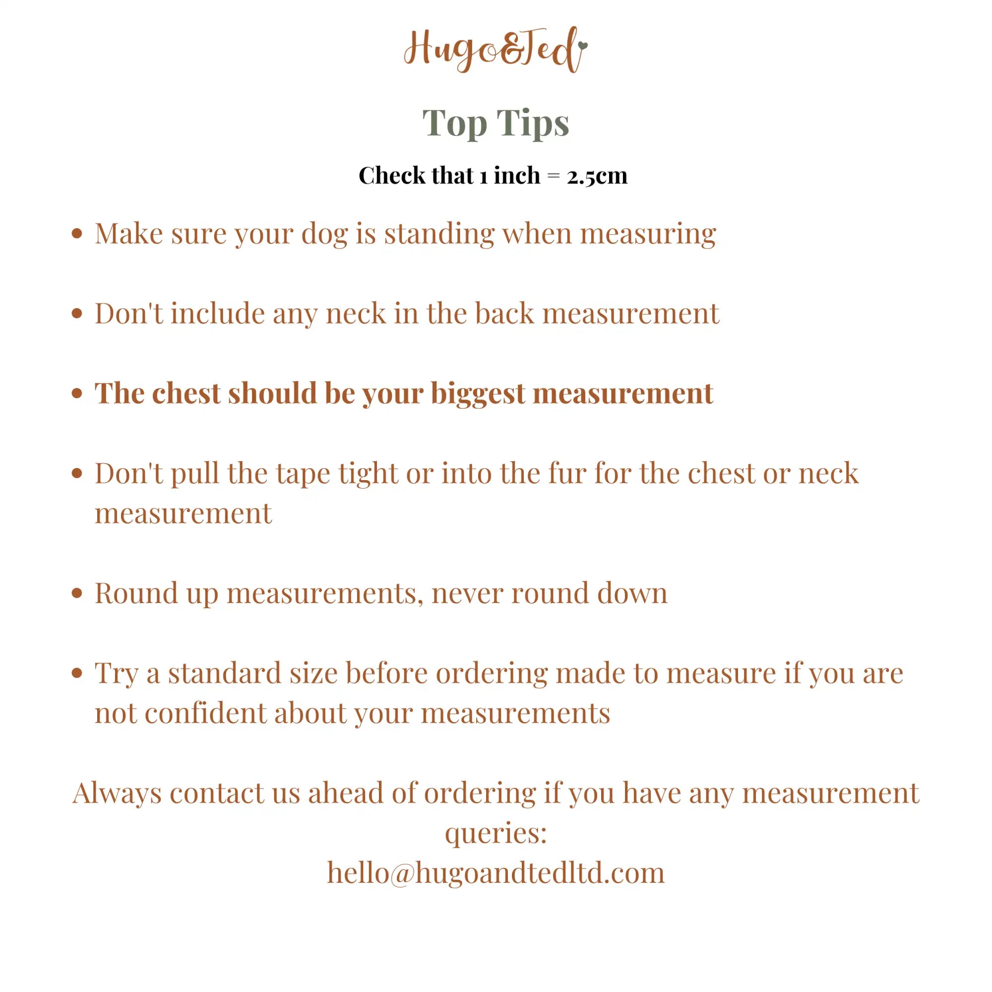 Hugo & ted brand dog sizing guide with brown text on a white background.