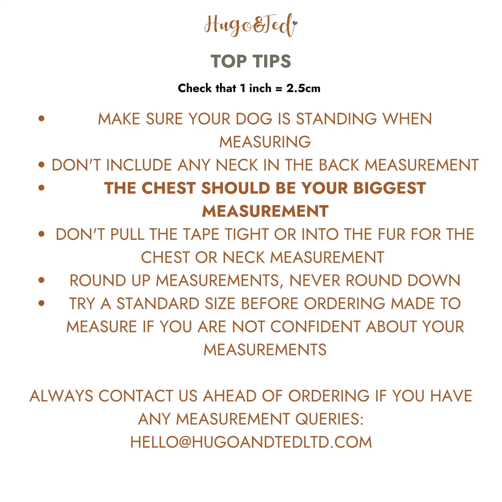 Hugo & ted brand top tips guide for measuring dog clothing, presented in a clean layout with brown text on white background.