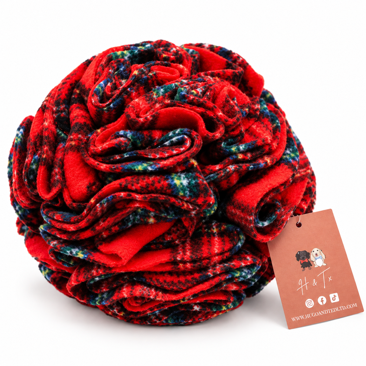 Red tartan fleece dog snuffle ball enrichment toy - Hugo and Ted