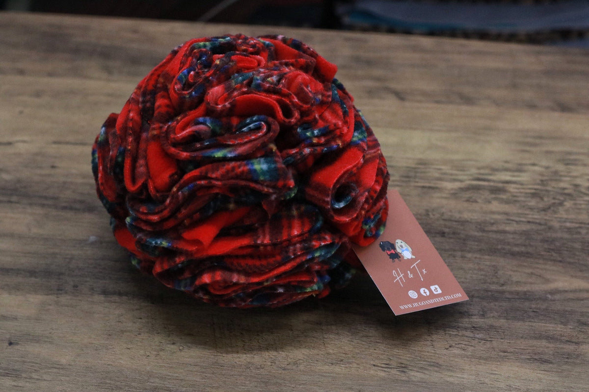 Red tartan fleece dog snuffle ball - Hugo and Ted