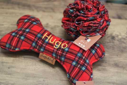 Red tartan snuffle ball with matching personalised wonky bone