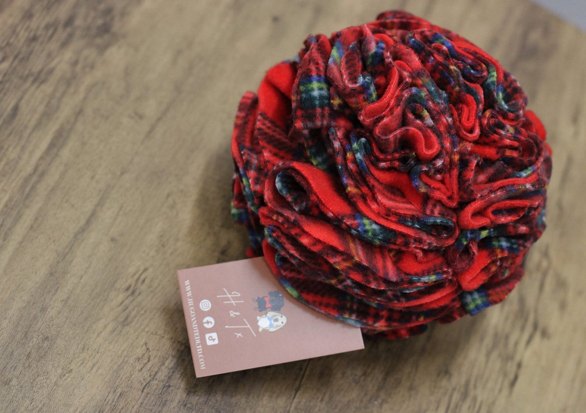 Red tartan snuffle ball from above