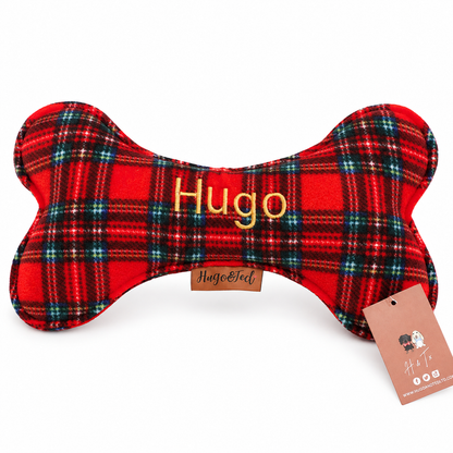 Red tartan personalised wonky bone dog toy embroidered with a name - Hugo and Ted