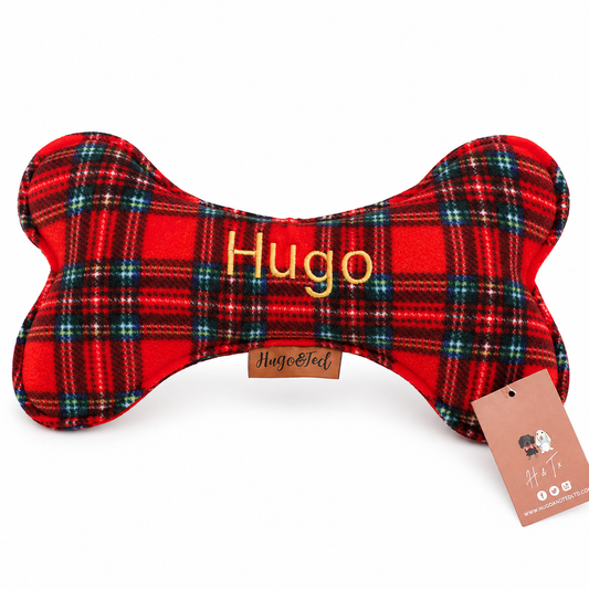 Red tartan personalised wonky bone dog toy embroidered with a name - Hugo and Ted