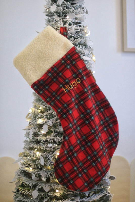 Red tartan personalised Christmas stocking with cream teddy trim - Hugo and Ted