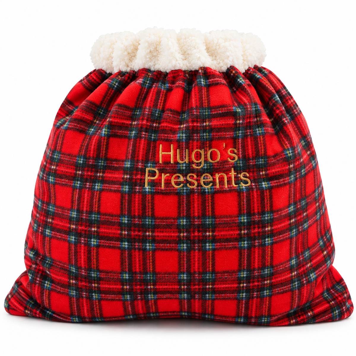 Red tartan personalised Christmas present sack with cream teddy lining - Hugo and Ted