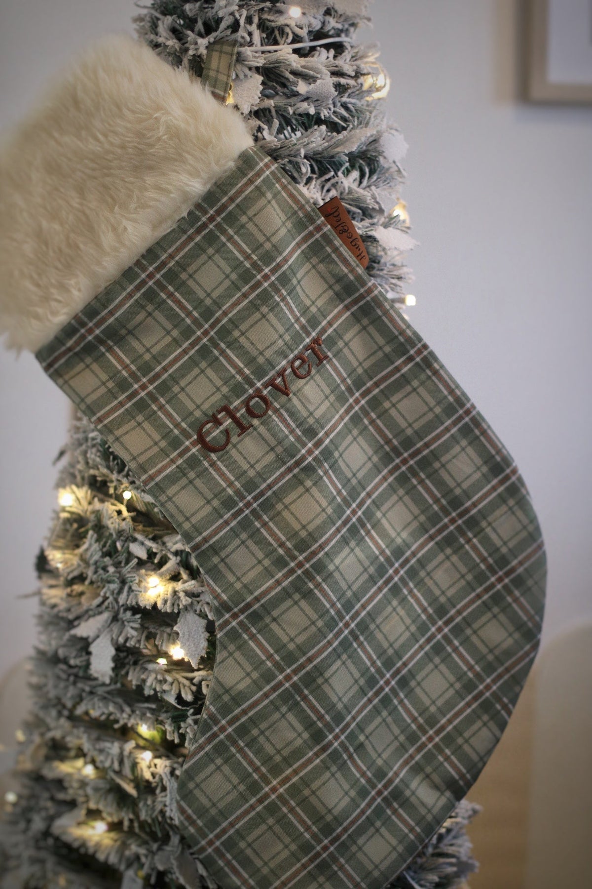 Heritage Collection personalised Christmas stocking with cream fur trim - Hugo and Ted