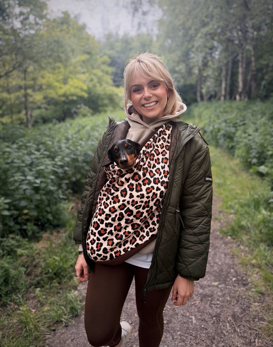 Lenny Leopard Print Fleece Dog Sling Carrier - Multiple Sizes, Made to Order - Hugo and Ted