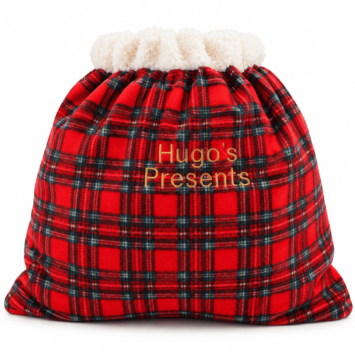Red tartan present sack embroidered Hugo's Presents with a cream teddy lining