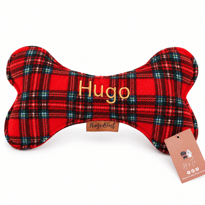 Red tartan fleece wonky bone dog toy embroidered Hugo