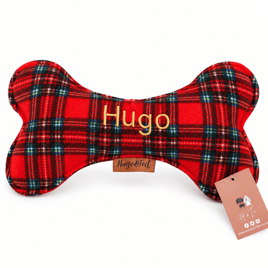 Red Tartan Personalised Wonky Bone Dog Toy - Hugo and Ted