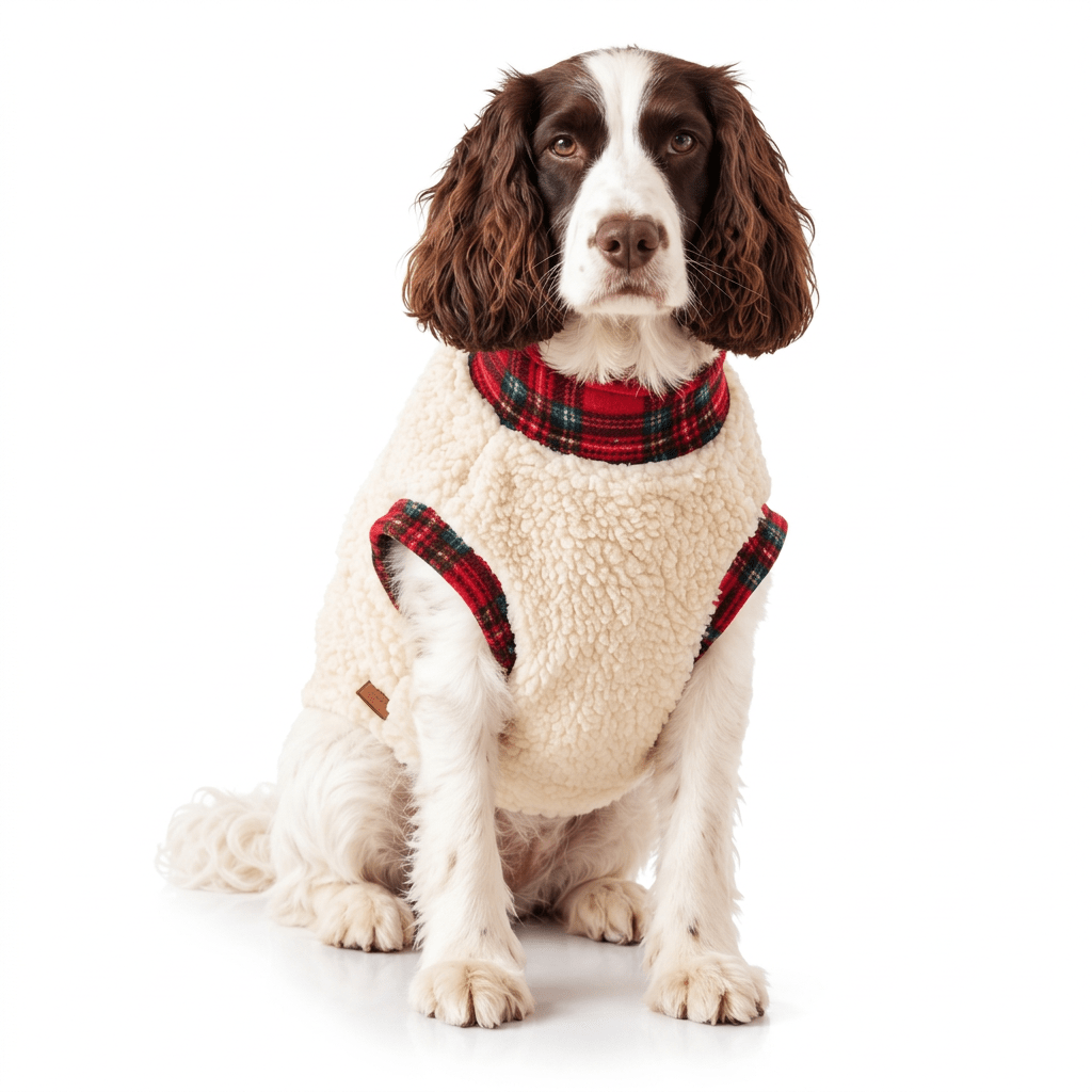 Springer spaniel in a cream sherpa dog jumper with a red tartan collar