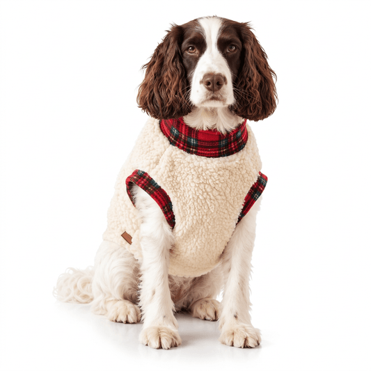 Springer spaniel in a cream sherpa dog jumper with a red tartan collar