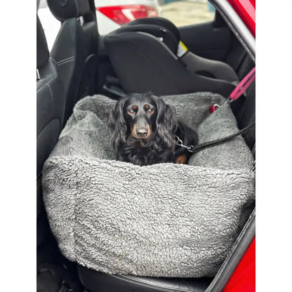 Teddy Fleece Waterproof Base Dog Car Seat Bed - 3 Sizes, Removable Covers, Machine Washable - Hugo and Ted