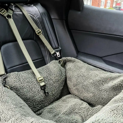 Teddy Fleece Waterproof Base Dog Car Seat Bed - 3 Sizes, Removable Covers, Machine Washable - Hugo and Ted