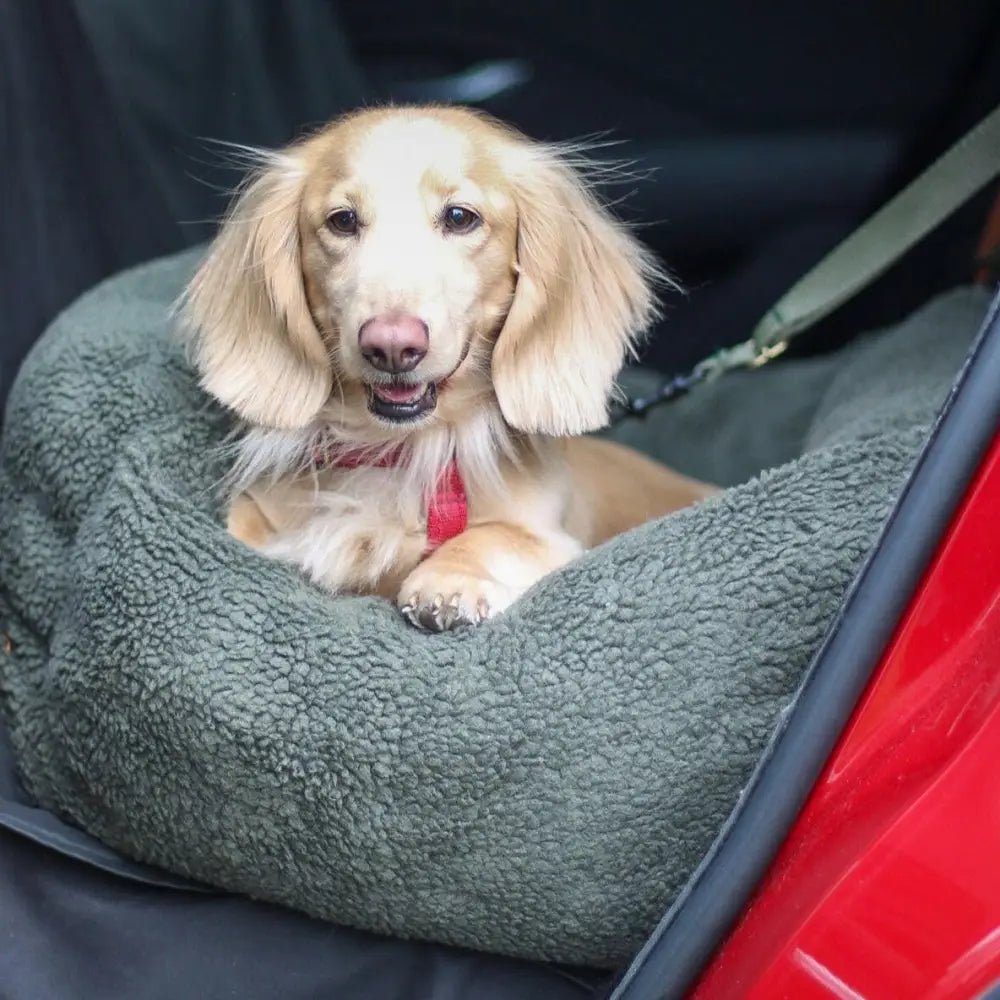 Teddy Fleece Waterproof Base Dog Car Seat Bed - 3 Sizes, Removable Covers, Machine Washable - Hugo and Ted