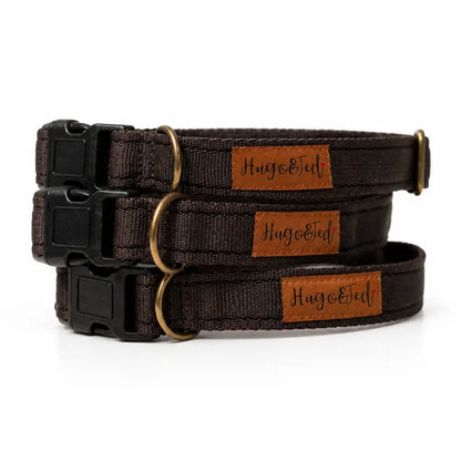 Three brown dog collars with gold buckles and leather tags on a white background
