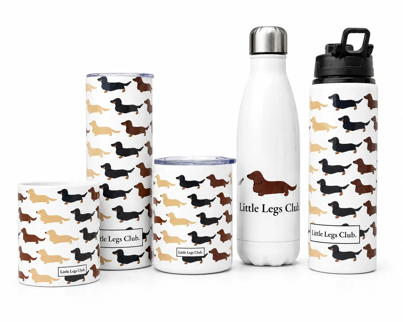 White insulated water bottle with a silver cap and black lid, featuring a single brown dachshund illustration and ’little legs club’ branding.